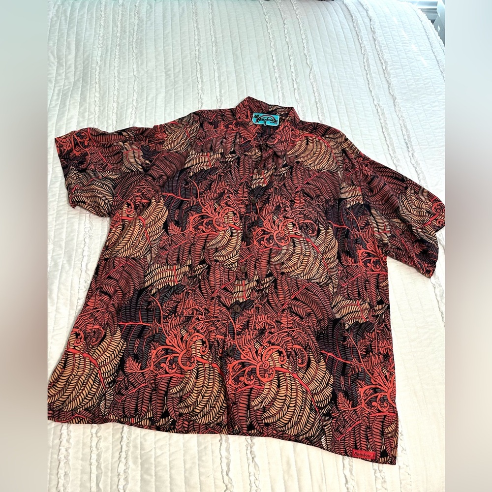 Rainbow Jo Vintage Hawaiian shirt XL Vibrant Red Tropical Leaf Button Up Resort